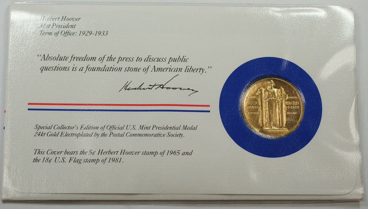 Herbert Hoover Presidential Medal 24 KT Electroplate Gold & Stamps Cover