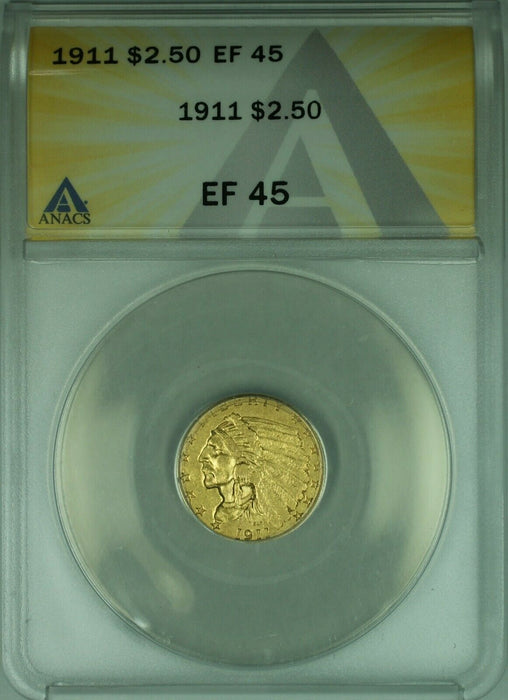 1911 Indian Head Quarter Eagle $2.50 Gold Coin ANACS EF-45