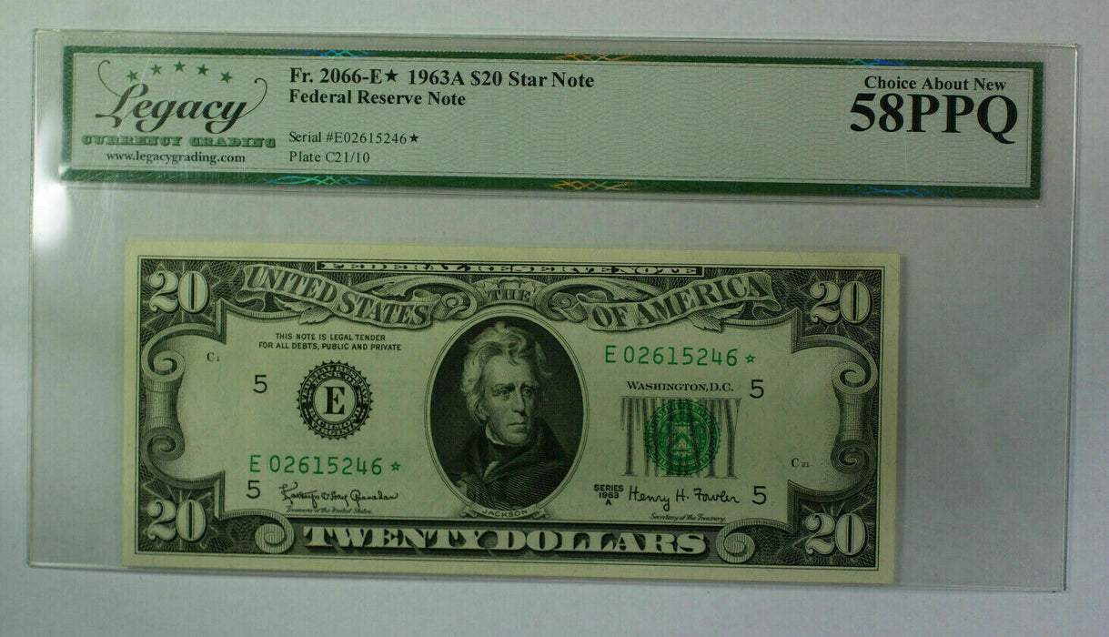 1963 A $20 Twenty Dollar FRN *Star* Note Fr. 2066-E Legacy (PCGS) 58 PPQ Better