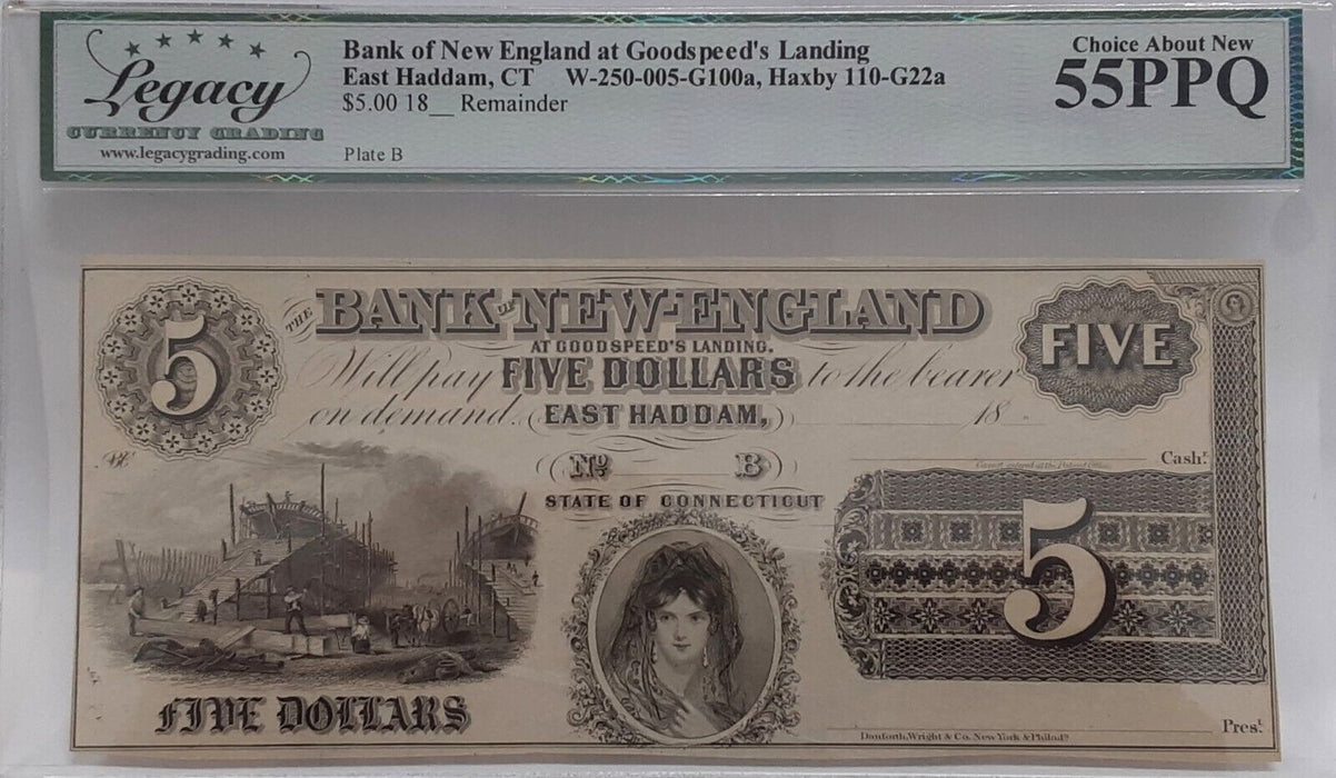 18__ Bank of New England $5 East Haddam, CT Remainder Note  Legacy Ch Abt New 55