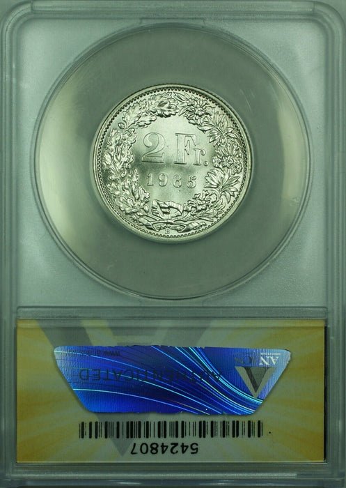 1965-B Switzerland Swiss 2 Franc Silver Coin ANACS MS-64