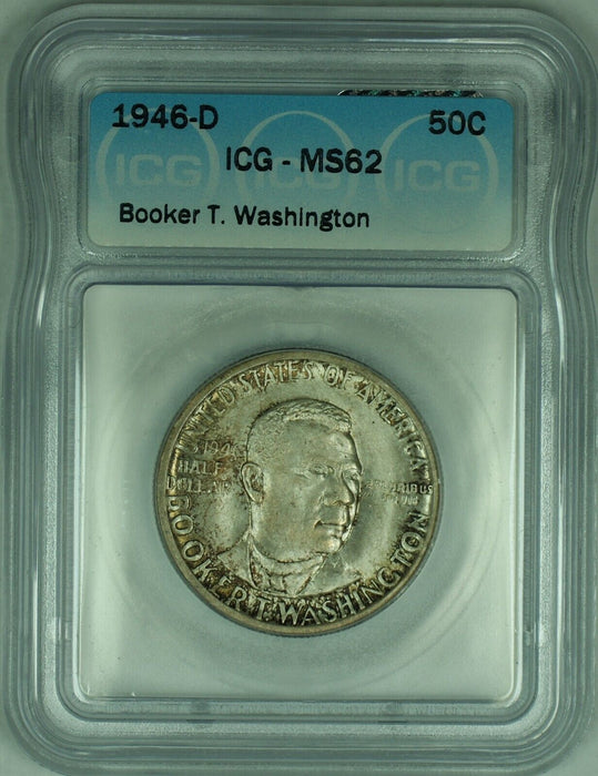 1946-D Booker T. Washington Commemorative Toned 50C Half Dollar ICG MS 62 (50)