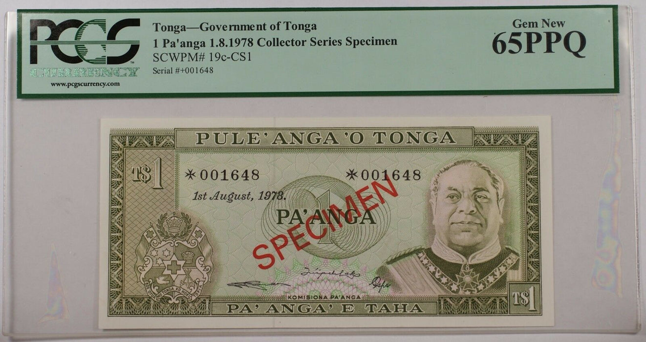1978 Govnt of Tonga 1 Pa'anga Specimen Note SCWPM# 19c-CS1 PCGS 65 PPQ Gem New