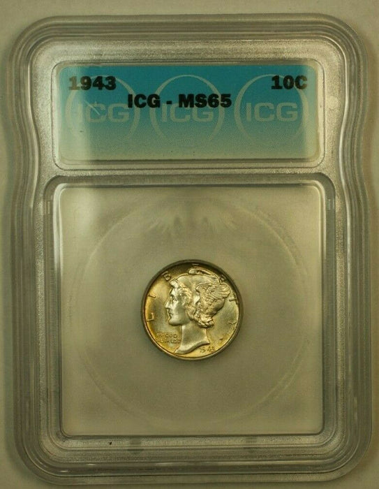 1943 Silver Mercury Dime 10c Coin ICG MS-65 (2B) Lightly Toned