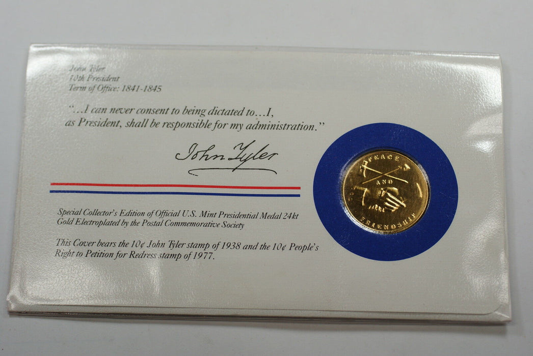John Tyler Presidential Medal 24 KT Electroplate Gold & Stamps Cover