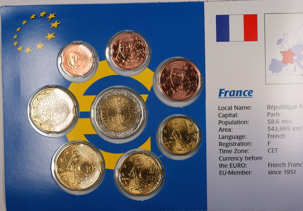 France Euro 8 Coins Uncirculated Set Mixed Dates 1999-2002