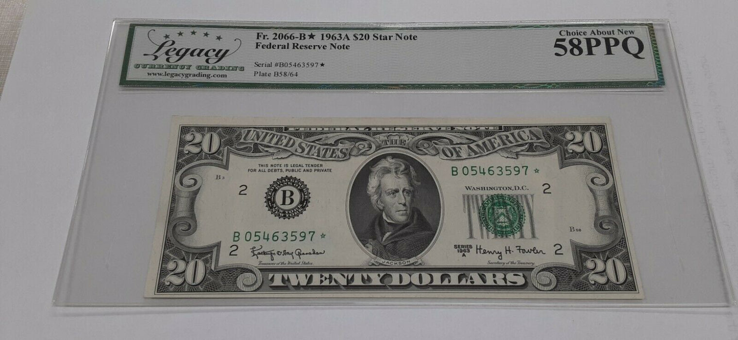 1963 A $20 Twenty Dollar FRN *Star* Note Fr. 2066-B NY District Legacy 58 PPQ