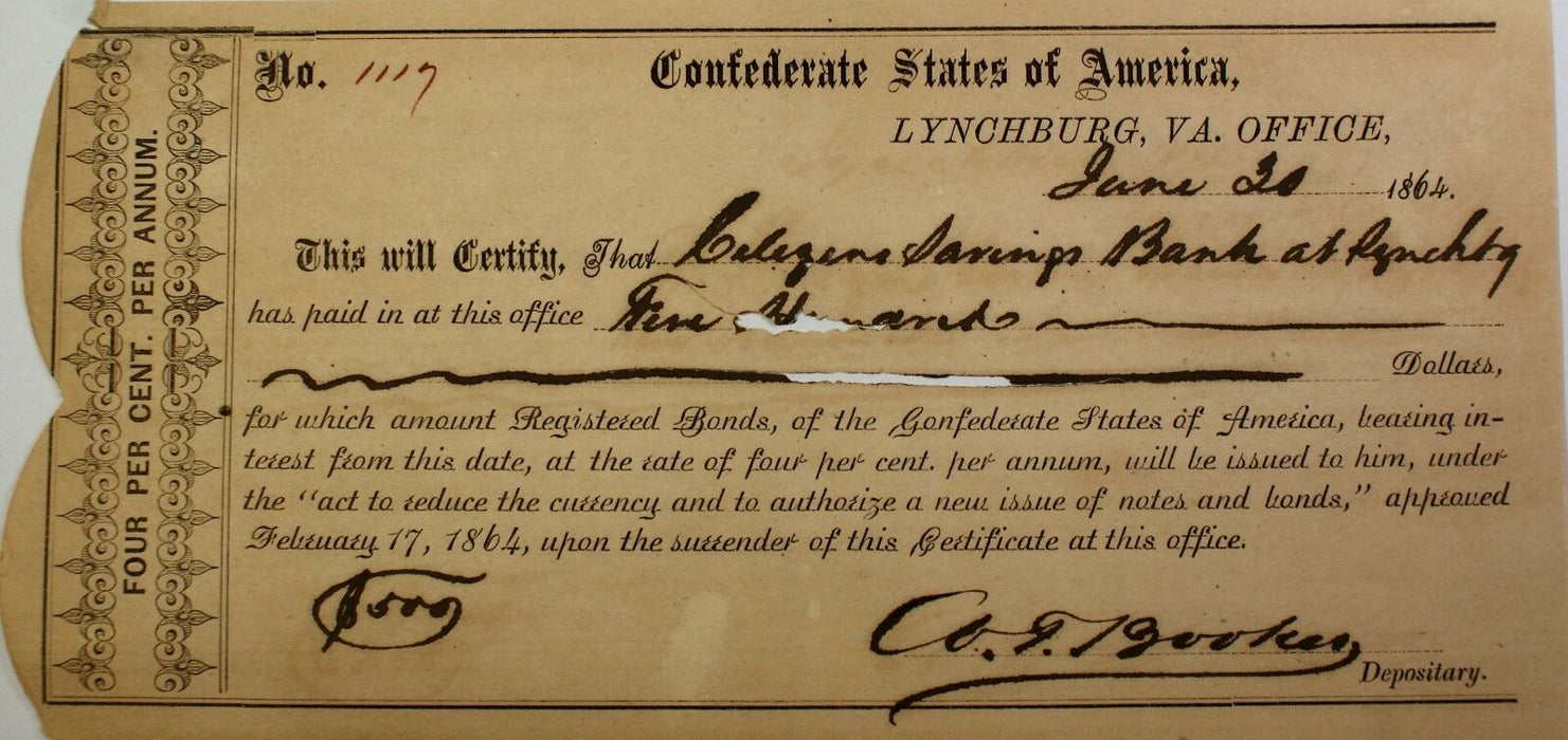 1864 Confederate States Bond June $200 Dollars Lynchburg Virginia Typed In City