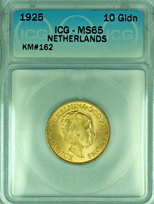 1925 Netherlands Gulden Gold Coin ICG MS 65