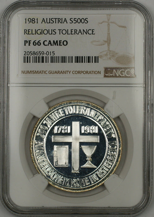 1981 Austria 500 Schillings Religious Tolerance Silver Proof Coin NGC PF-66 CAM!