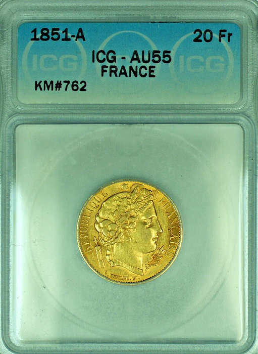 1851-A France 20 Francs Gold Coin ICG AU 55