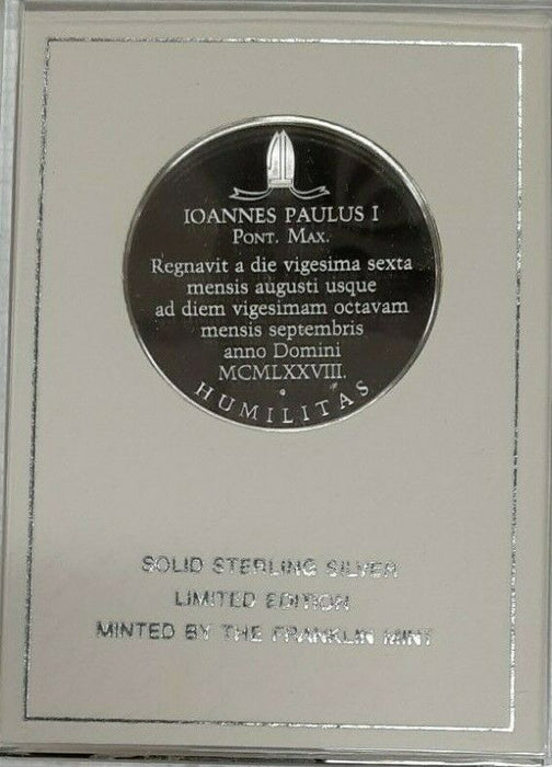 1978 Proof Franklin Mint .925 Silver Pope John Paul I Eyewitness Medal