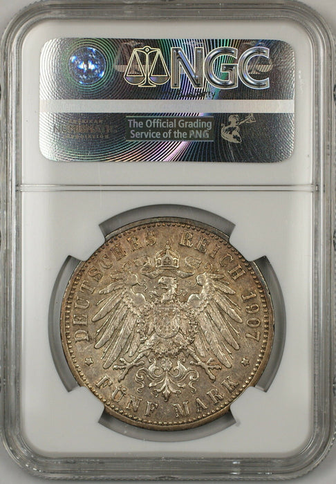 1907A Germany Prussia 5M Marks Silver Coin NGC AU-58