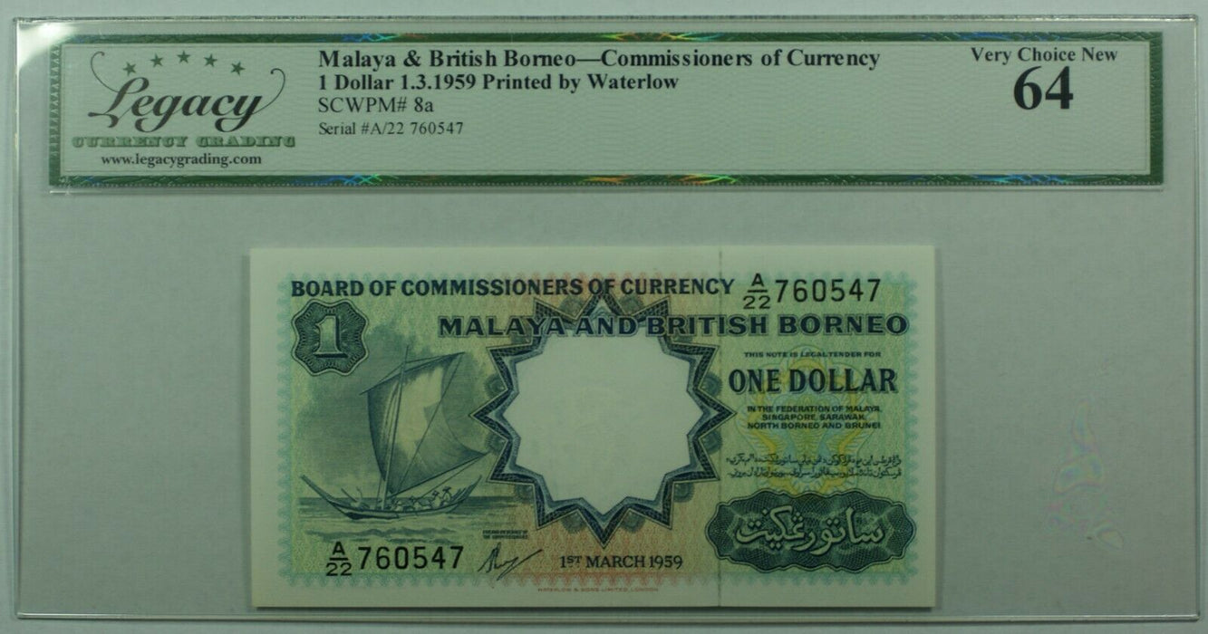 1.3.1959 Malaya & British Borneo $1 Dollar Note SCWPM# 8a Legacy Very Ch New 64