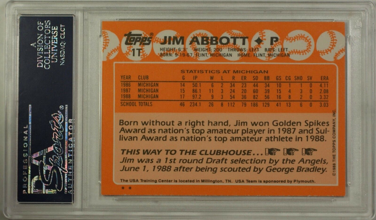 1988 Topps Traded Jim Abbott USA National Team Baseball Card #1T PSA NM-MT 8 CK