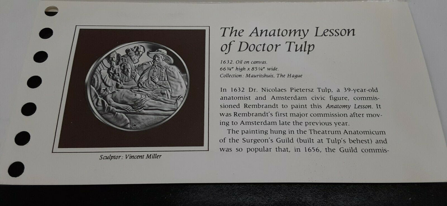 Franklin Mint Genius of Rembrandt PR .925 Silver Medal-Anatomy/Dr. Tulp in Card