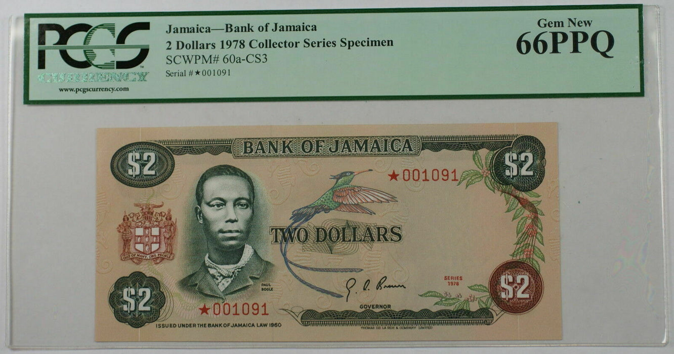 1978 Bank of Jamaica $2 Dollars Specimen Note SCWPM# 60a-CS3 PCGS 66 PPQ Gem New