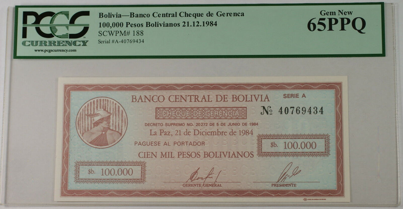1984 Bolivia Banco Central 100000 Pesos Bolivianos SCWPM 188 PCGS 65 PPQ Gem New