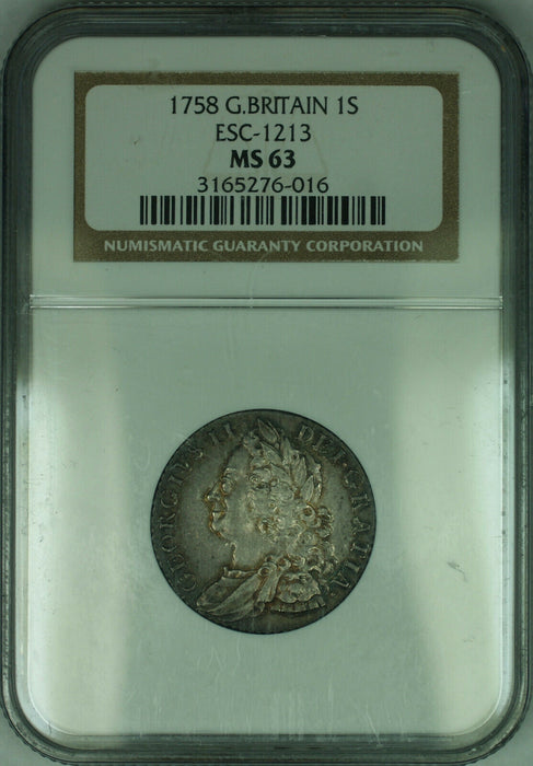 1758 Great Britain 1 Shilling Silver Coin ESC-1213 NGC MS-63