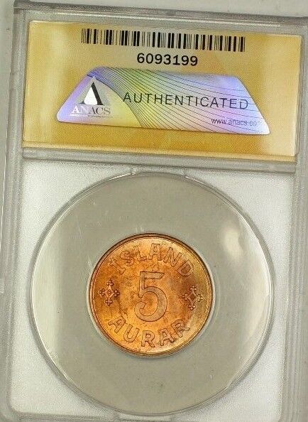 1942 Iceland 5A Five Aurar Copper ANACS MS-64 RB Red-Brown (Better Coin) (D)
