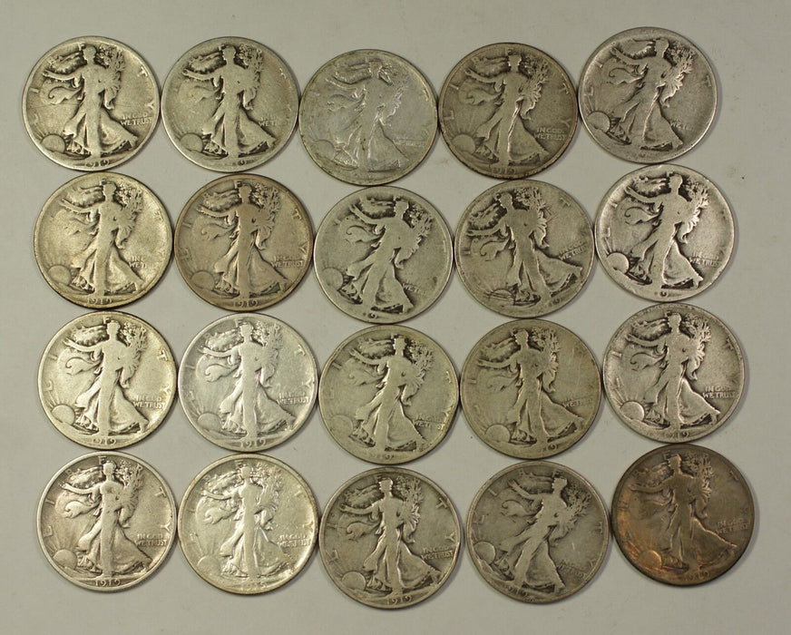 1919 Walking Liberty Half Dollar 50c Roll 20 Circulated 90% Silver Coins Lot