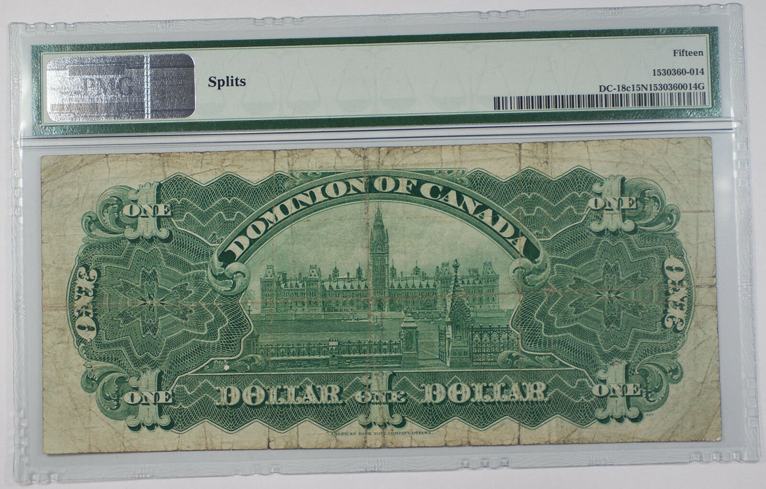 1911 H-L One Dollar Dominion of Canada Note DC18c PMG 15 Choice Fine Splits