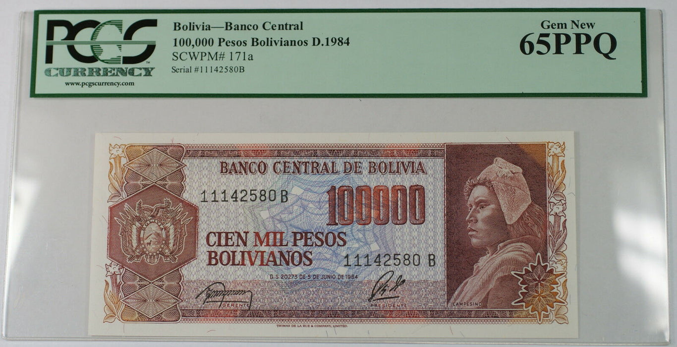 1984 Bolivia Banco Central 100000 Pes. Bolivianos SCWPM 171a PCGS 65 PPQ Gem New