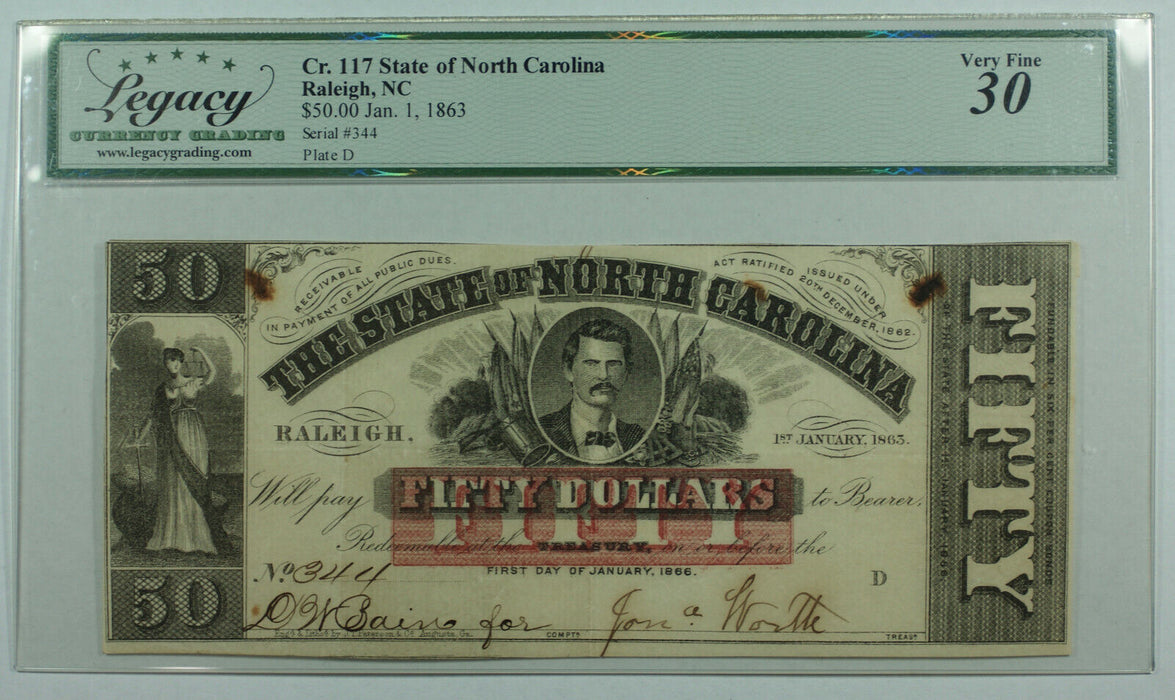 1863 $50 Fifty Dollars Raleigh North Carolina NC Obsolete Cr. 117 Legacy VF-30
