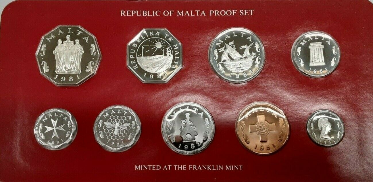 1981 Republic of Malta Proof Set, 9 Gem Coins, Made by the Franklin Mint W/ COA