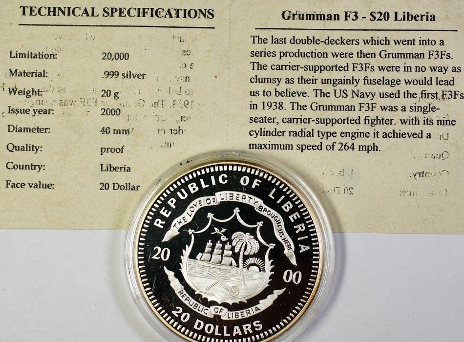 2000 Republic of Liberia Silver $20 Grumman F3F Fighter Proof Coin with COA