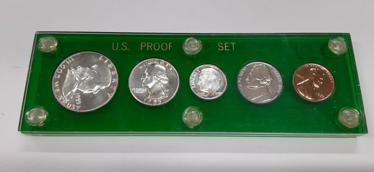 1955 United States Mint 5 Coin Proof Set in Green Acrylic Holder 90% Silver (B)