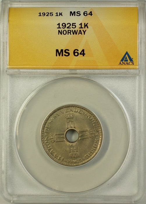 1925 Norway 1K One Krone Coin ANACS MS-64