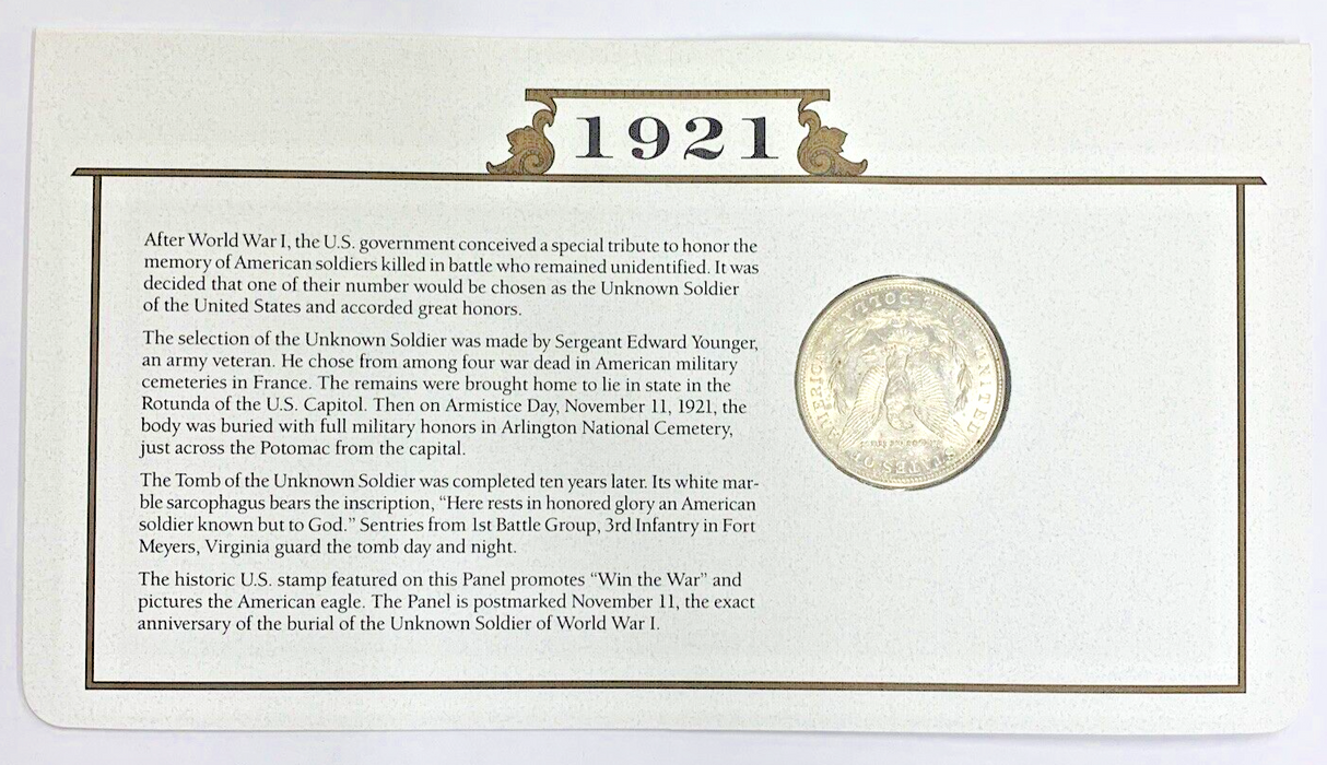 1921 Morgan Silver Dollar $1 Coin Collection-Commemorative Stamp Card