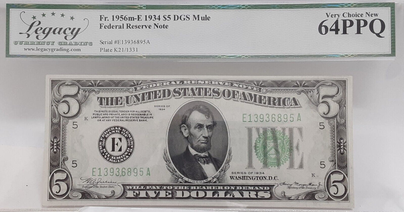 1934 $5 FRN 'Mule' Note Richmond Dist. Fr. 1956m-E  Legacy Very Ch New 64PPQ  A