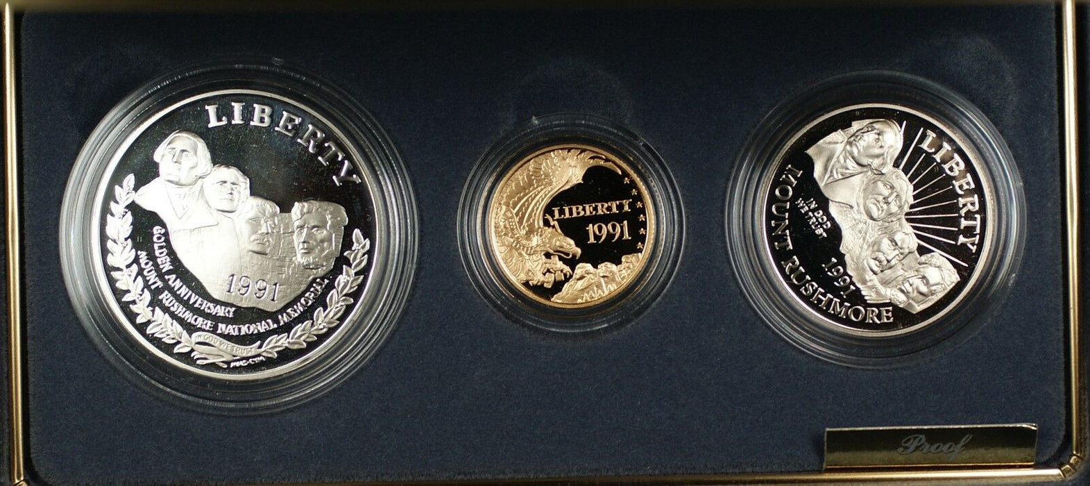 1991 US Mint Mount Rushmore Commem 3 Coin Silver & Gold Proof Set as Issued DGH