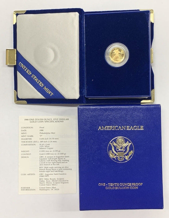 1988-P $5 American Proof Gold Eagle, 1/10 OZ Fine Gold Coin-Box & COA