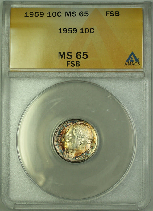 1959 Silver Roosevelt Dime 10c ANACS MS 65 FSB Toned