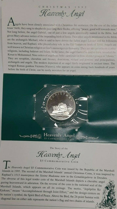 1995 Marshall Islands $5 Coin "Christmas Angel" Commem in Pres. Folder