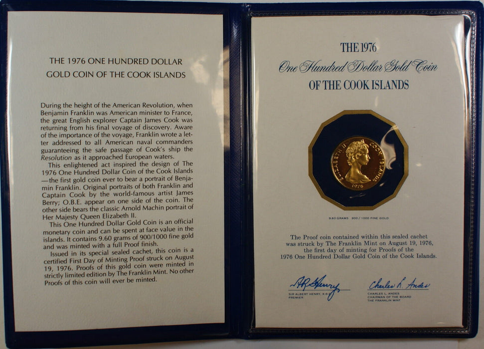 1976 $100 Cook Islands Proof Gold Coin, 900/1000 Fine Gold, Amer. Bicentennial