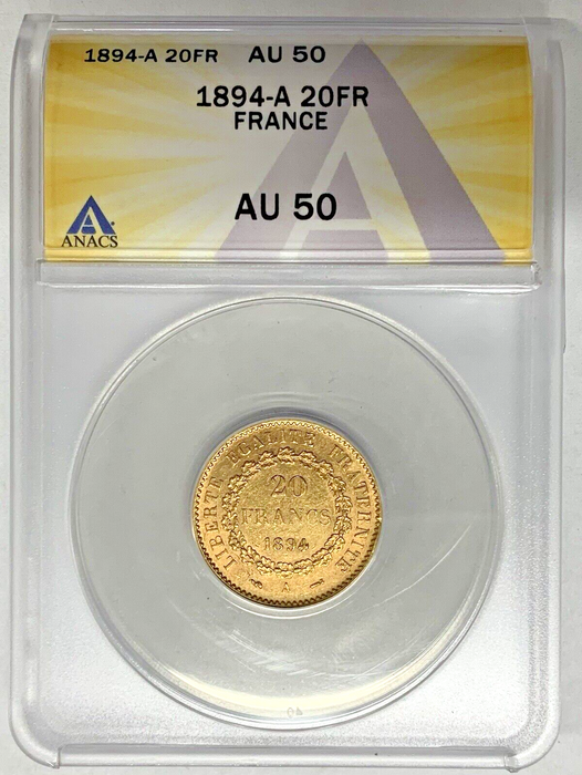1894-A 20 Francs France Gold Coin ANACS AU 50