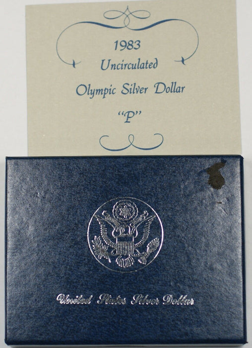 1983-P Los Angeles Olympic Commem Silver UNC $1 Coin in OGP NO OUTER SLEEVE