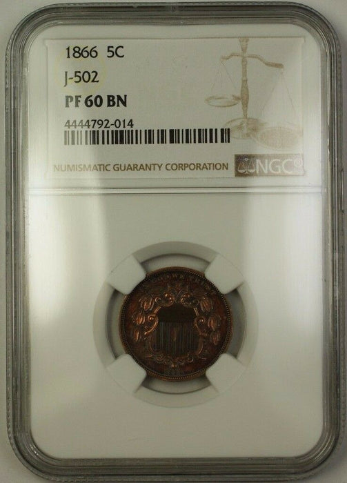 1866 Shield Nickel Pattern Proof 5c Copper Coin NGC PF-60 BN J-502 Toned Judd WW
