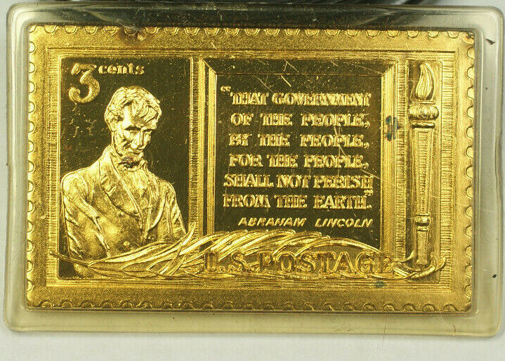 Lincoln 3 Cent Civil War Stamp Proof 1/2oz Silver Ingot 22kt Gold Electroplated