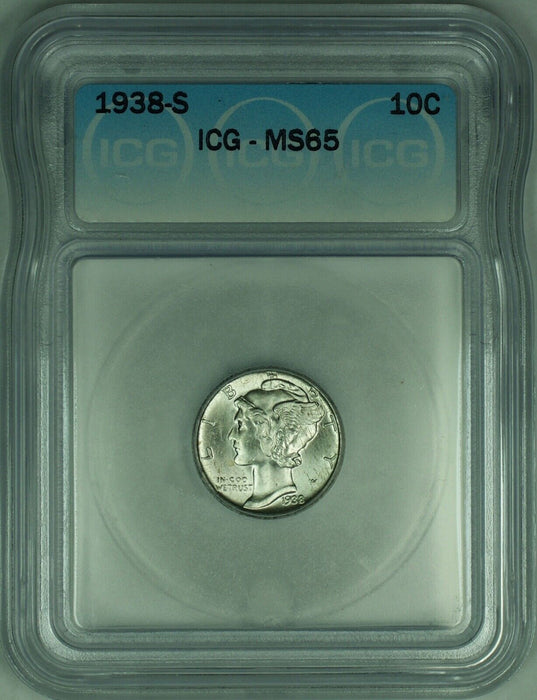 1938-S Mercury Silver Dime 10c Coin ICG MS-65 (53)