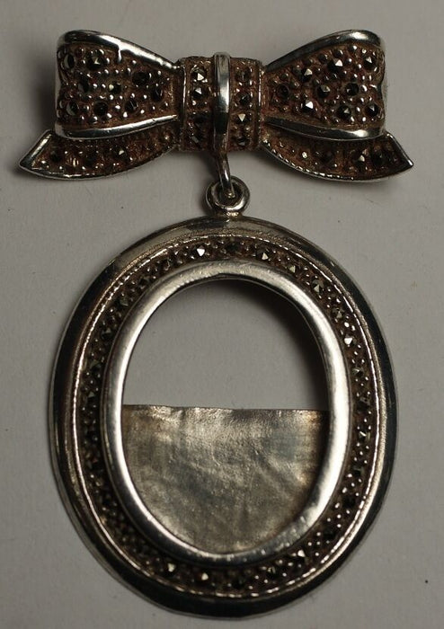 Sterling Silver Marcasite Antique Pendant Bow and Oval Design - Handmade