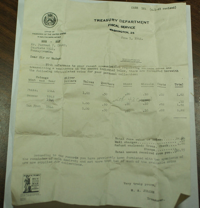 1944 U.S. Mint Double Mint Set Original Packaging & Letter, ICG Certified (RARE)