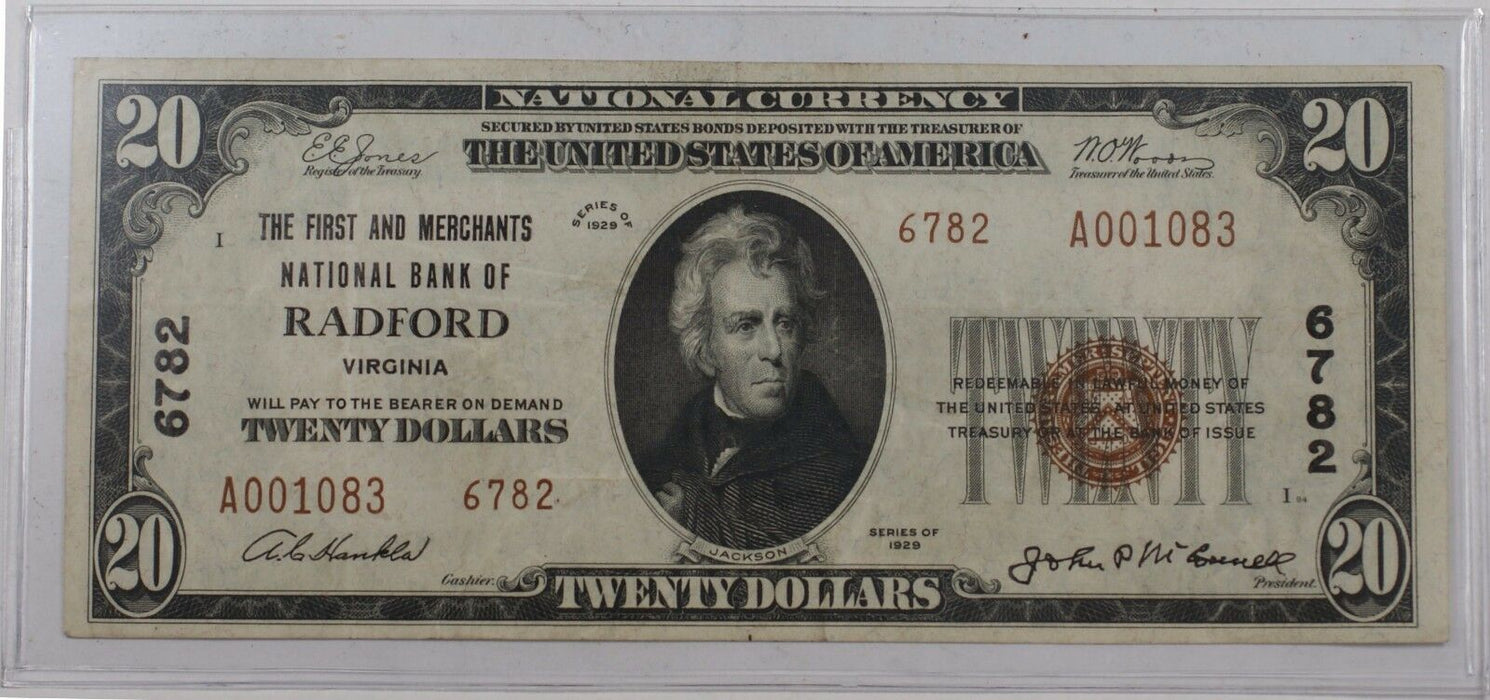 1929 Type 2 $20 National Currency Banknote Radford, VA Charter# 6782 *Ext. Rare!