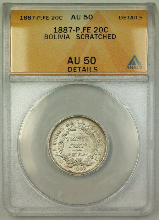 1887-P FE Bolivia 20 Centavos Silver Coin ANACS AU-50 Details