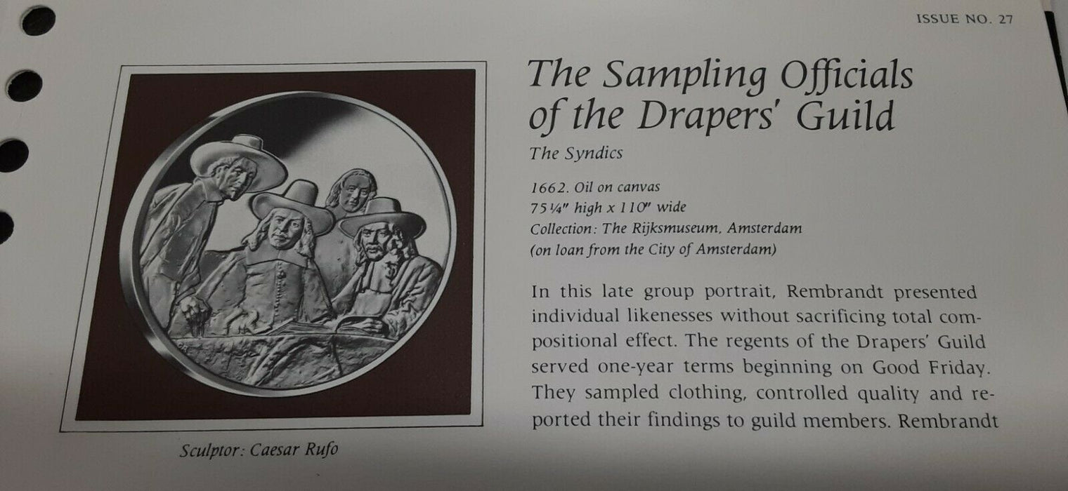 Franklin Mint Genius/Rembrandt PR .925 Silver Medal-Officials/Drapers in Card