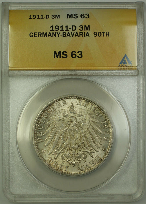 1911-D Germany Bavaria 3M Marks Silver Coin Luitpold 90th BDAY ANACS MS-63 (A)